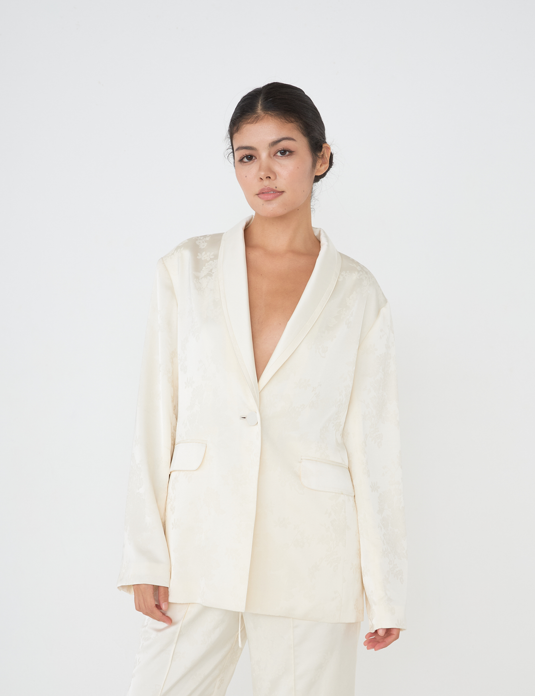 Jacquard Lounge Satin Jacket / White Flower(ivory)