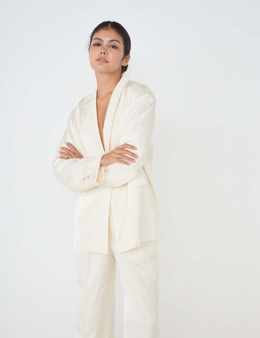 "Effortless Luxe Set"（Satin Jacket + Satin Suit Pants） / 白花(ivory)