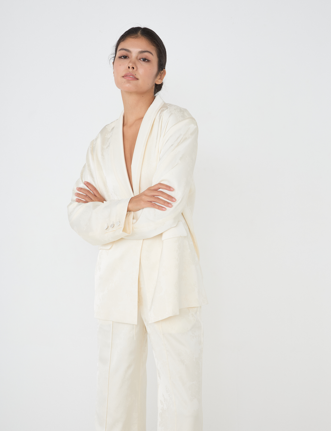 Jacquard Lounge Satin Jacket / White Flower(ivory)