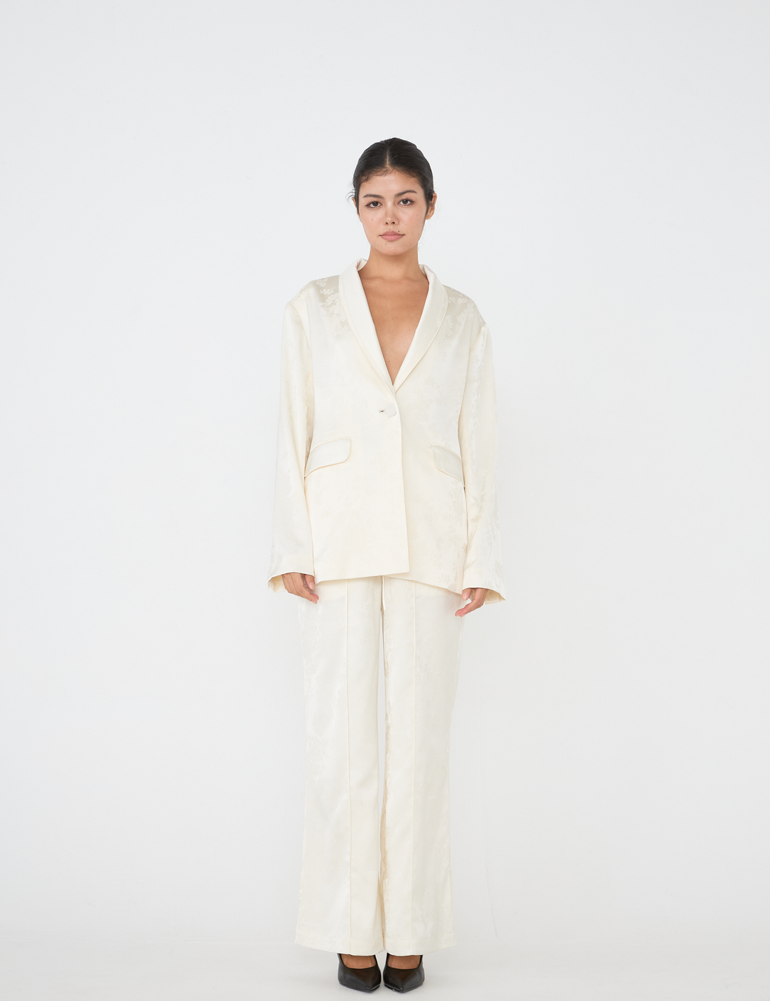 "Effortless Luxe Set"（Satin Jacket + Satin Suit Pants） / 白花(ivory)