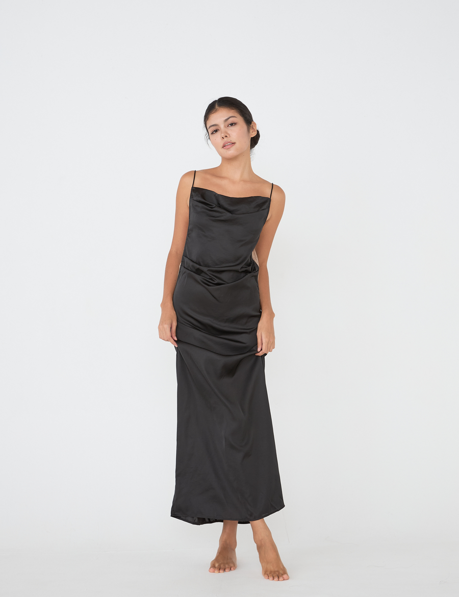 satin elegant draped dress / 墨(black)