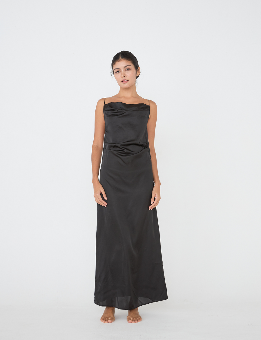 satin elegant draped dress / 墨(black)