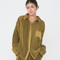 elegant satin pleated shirt / 松葉(khaki)