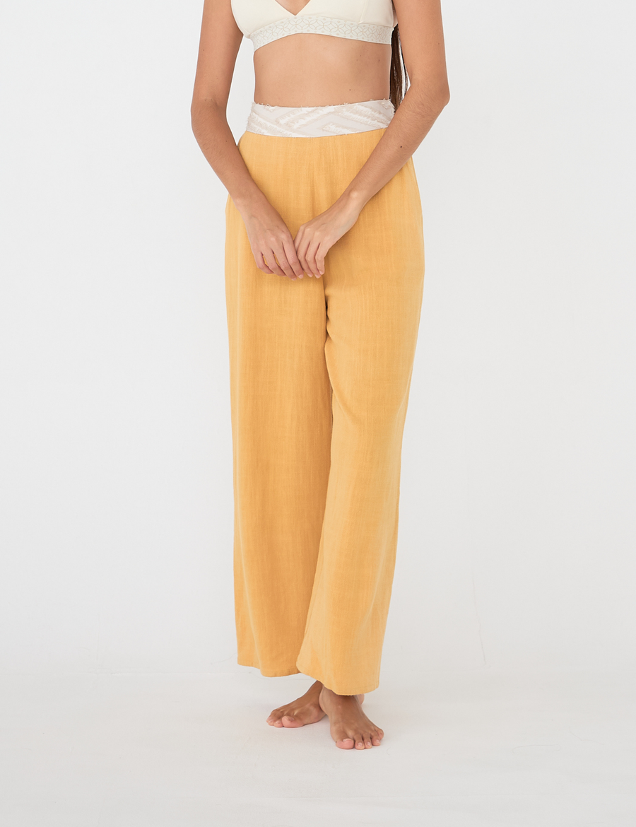 soft linen wide pants / 花葉(yellow)