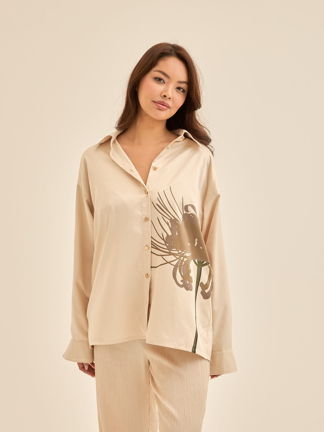 Harmony Elegant Satin Shirt / 亜麻(beige)