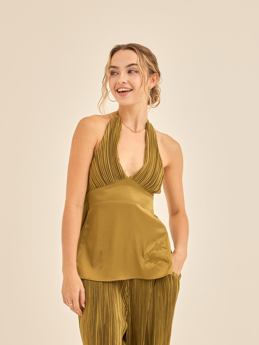 elegant satin pleated camisole / 松葉(khaki)