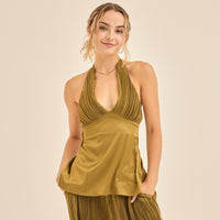 elegant satin pleated camisole / 松葉(khaki)