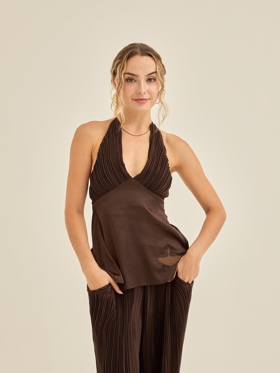 elegant satin pleated camisole / 枯茶(brown)