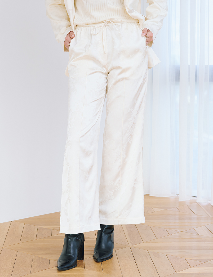 Jacquard Lounge Satin Pants / White Flower(ivory)