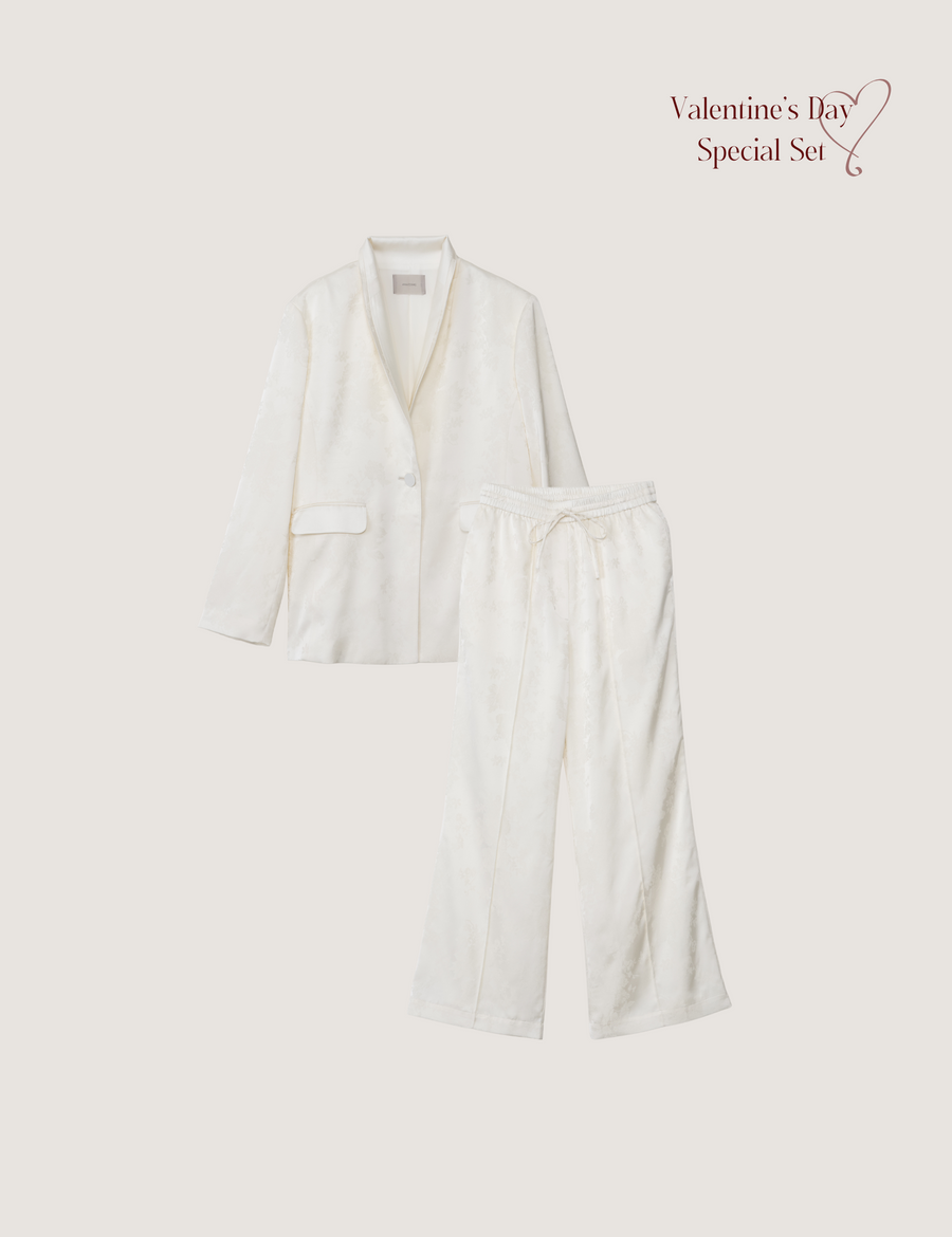 "Effortless Luxe Set"（Satin Jacket + Satin Suit Pants） / 白花(ivory)