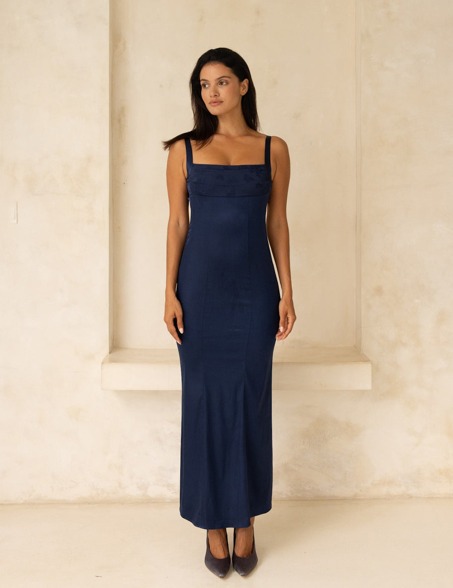 Serene Satin Draped Dress / Navy