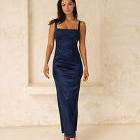 Serene Satin Draped Dress / Navy