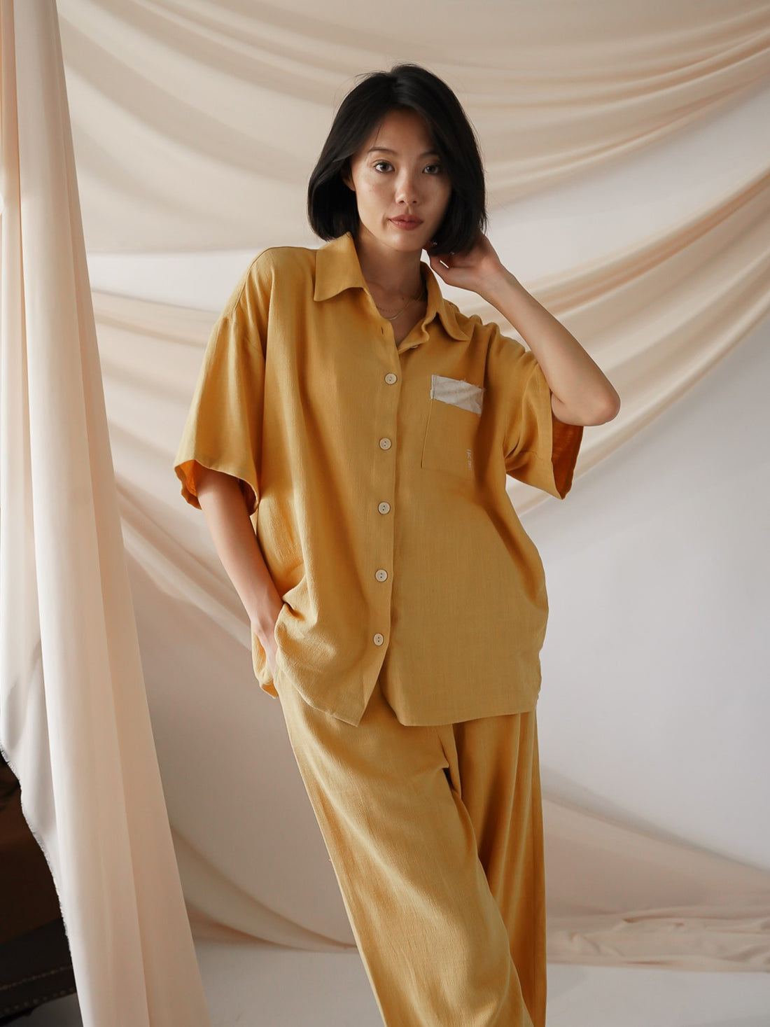 soft linen loose sleeve shirt / Hanaba(yellow)