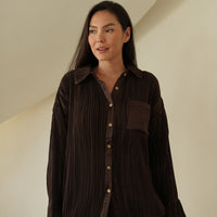 elegant satin pleated shirt / 枯茶(brown)