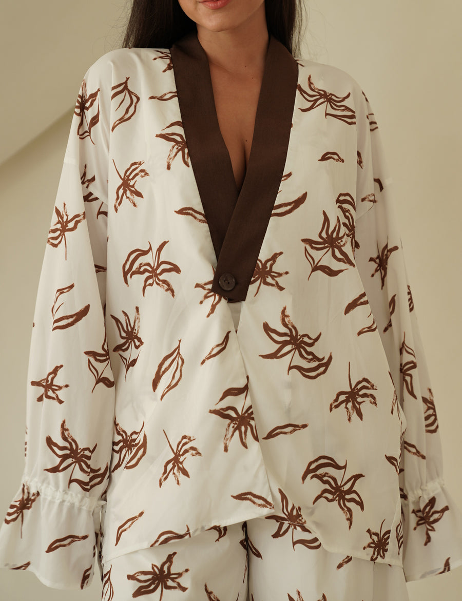 resort long sleeve KIMONO shirt / white flower(ivory)