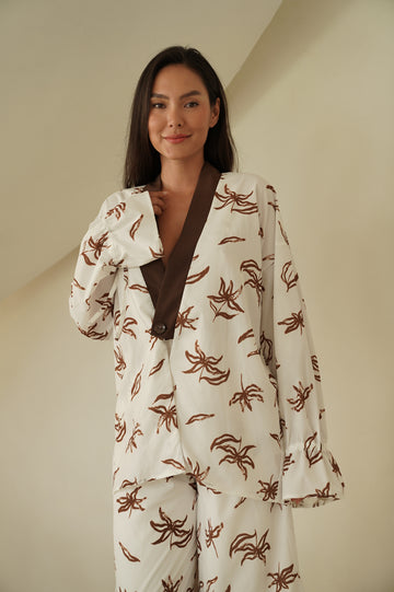 resort long sleeve KIMONO shirt / white flower(ivory)