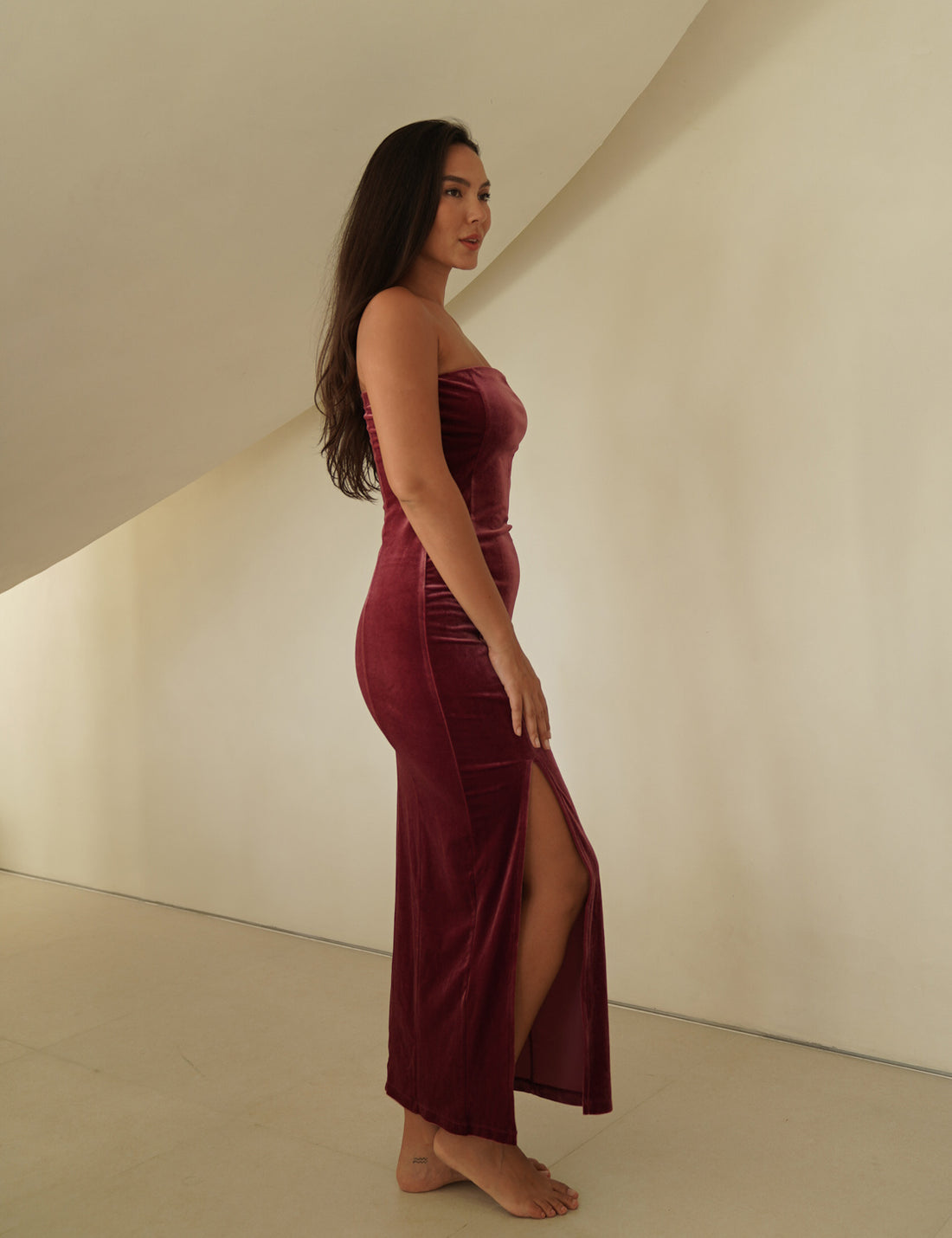 velour slit maxi dress / 薔薇(wine red)