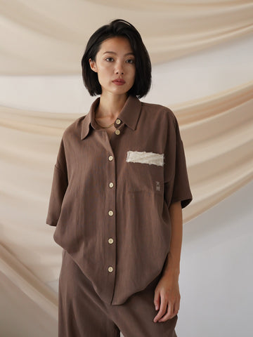 soft linen loose sleeve shirt / brown