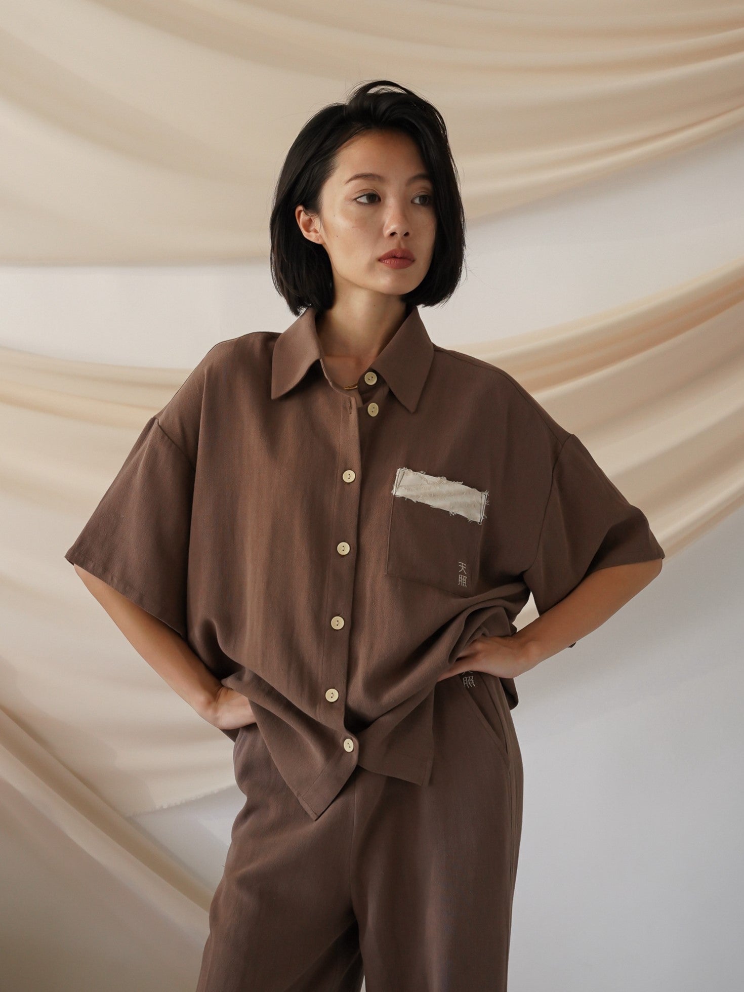 soft linen loose sleeve shirt / 枯茶(brown)