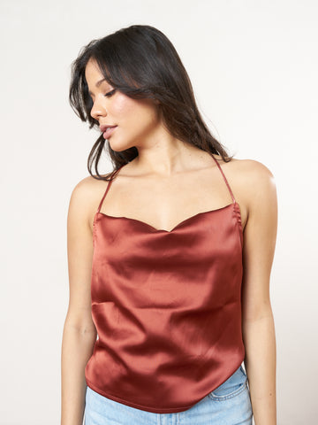 cowl neck satin camisole / 小豆(dark red)